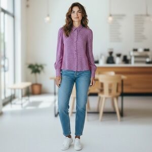 Weekend Max Mara Geometric Print Button Up Shirt Blouse Long Sleeve Red Blue